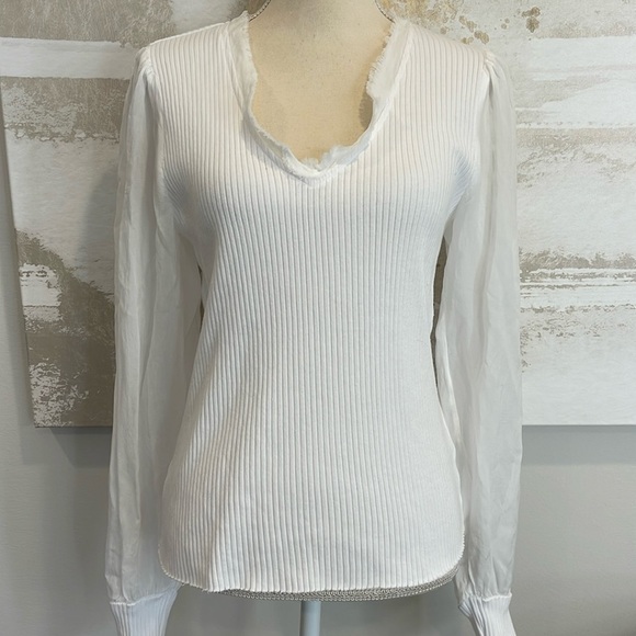 Maven West Tops - White Sheer Sleeve Ribbed Long Sleeve Blouse